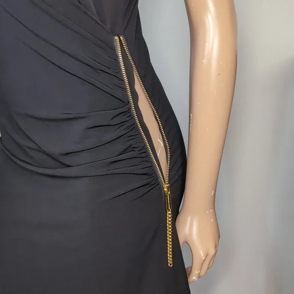 Michael Kors Asymmetric Midi Dress Gold Zipper Sleeveless Black Size Medium - Picture 7 of 12